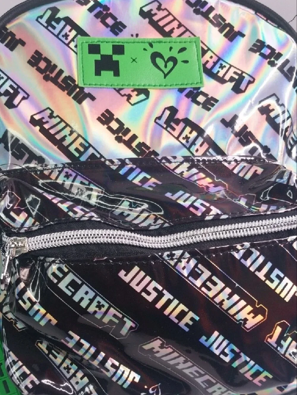 Justic Minecraft Holographic Mini Backpack - Holographic Black with Green Patch
